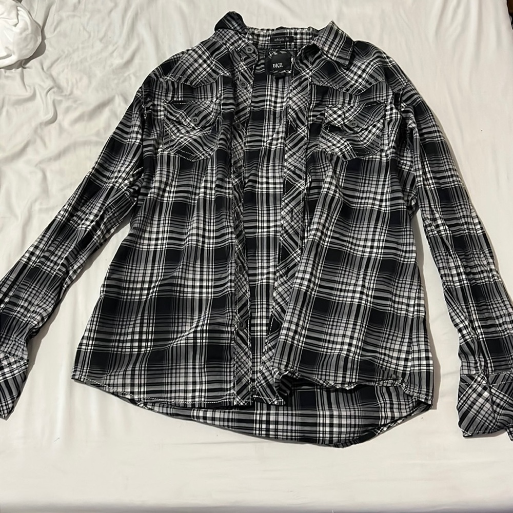 black and white plaid dress shirt.